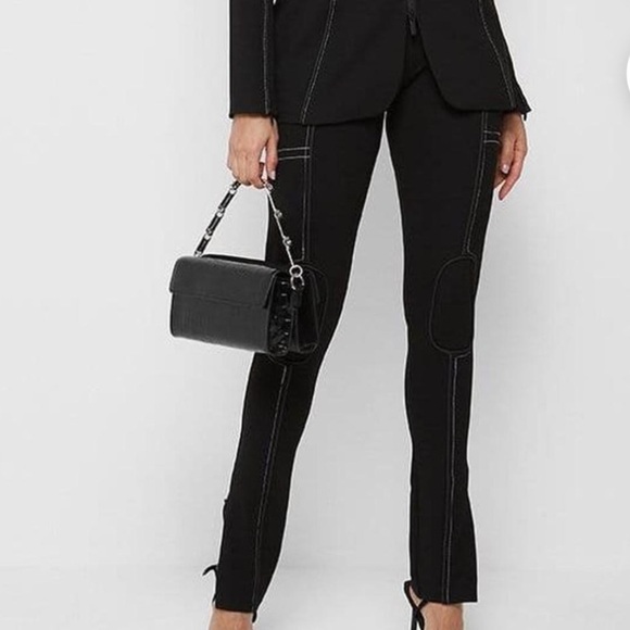 Maniere De Voir Women 6 Black White Ponte High Rise Ankle Zip Piped Leggings - Picture 1 of 15
